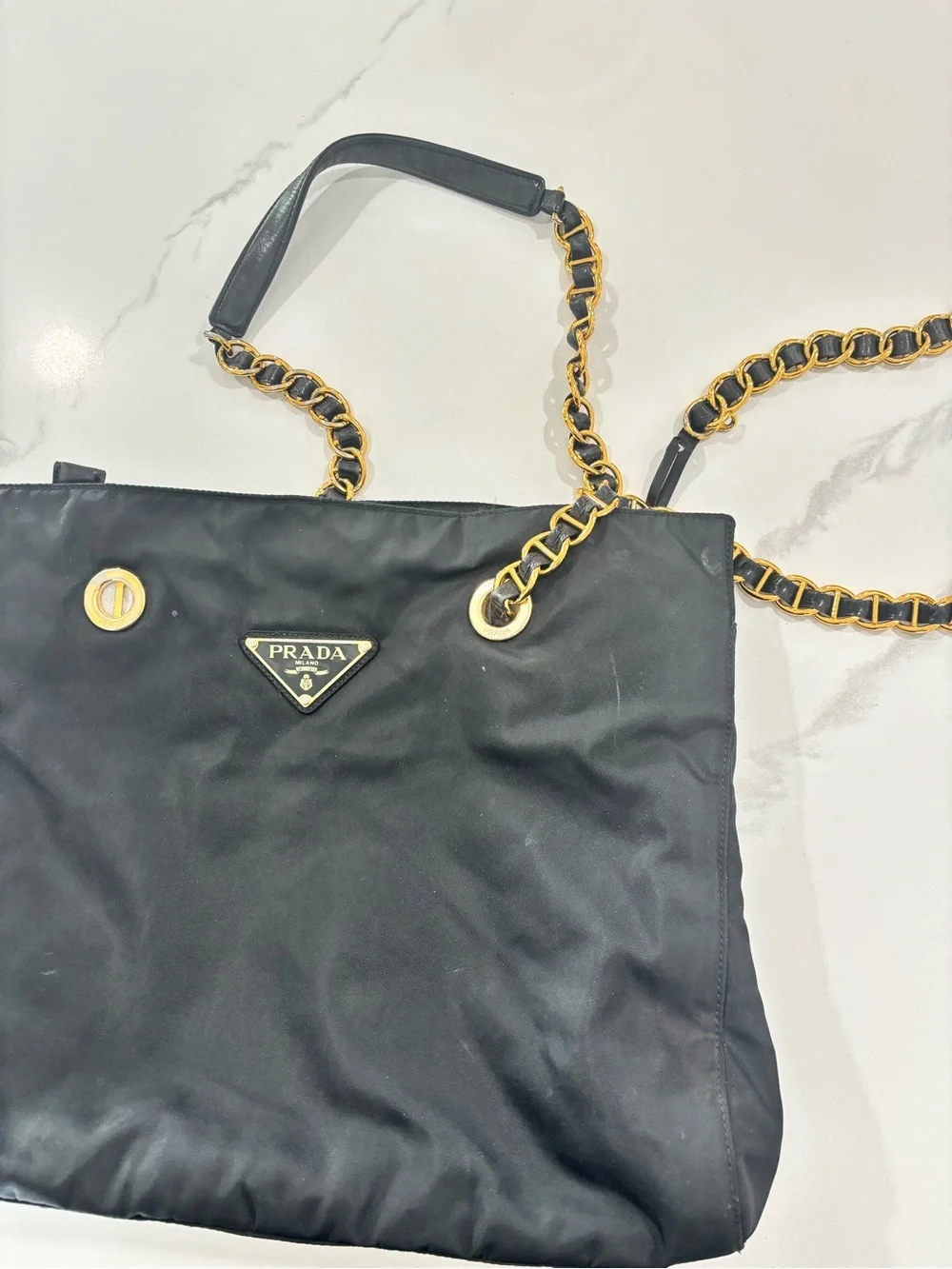 Authentic Prada Black Nylon Shoulder Bag with Gold Chain Straps - Picture 7 of 7